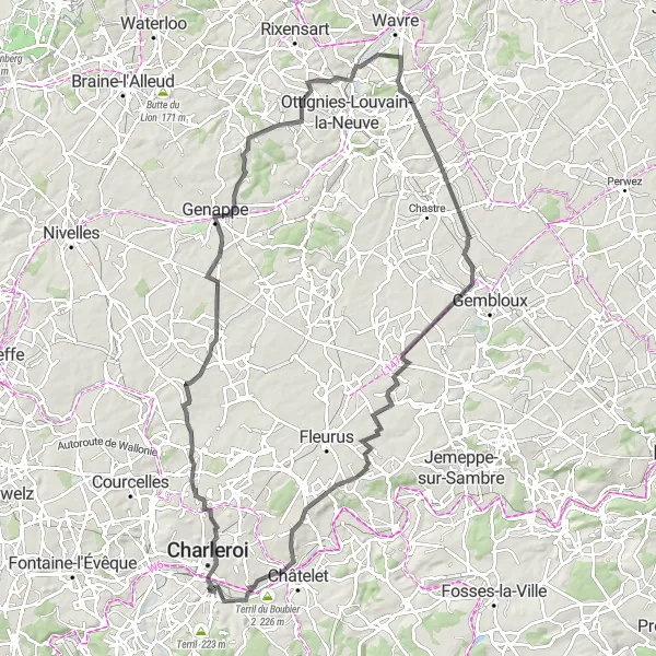 Karten-Miniaturansicht der Radinspiration "Rundfahrt von Couillet nach Thiméon" in Prov. Hainaut, Belgium. Erstellt vom Tarmacs.app-Routenplaner für Radtouren