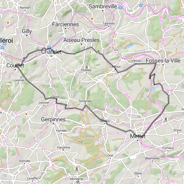 Karten-Miniaturansicht der Radinspiration "Rundfahrt durch Le Roux und Bambois" in Prov. Hainaut, Belgium. Erstellt vom Tarmacs.app-Routenplaner für Radtouren