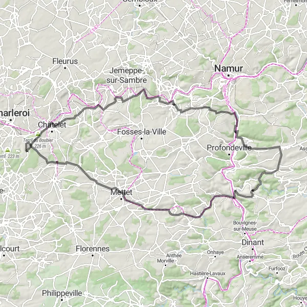 Map miniature of "Road to Wépion and Maredret" cycling inspiration in Prov. Hainaut, Belgium. Generated by Tarmacs.app cycling route planner