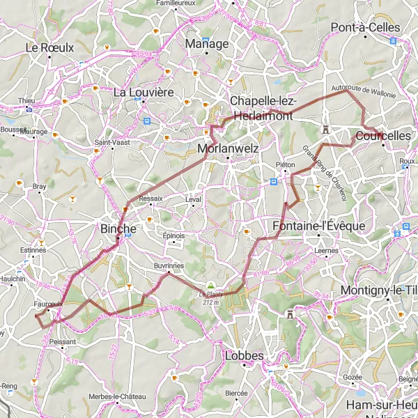 Miniatuurkaart van de fietsinspiratie "Uitdagende gravelroute naar Binche" in Prov. Hainaut, Belgium. Gemaakt door de Tarmacs.app fietsrouteplanner