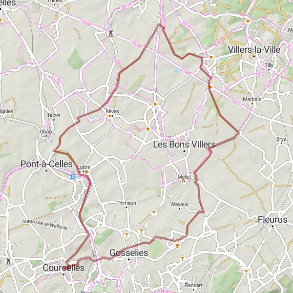 Map miniature of "Courcelles Gravel Escape" cycling inspiration in Prov. Hainaut, Belgium. Generated by Tarmacs.app cycling route planner