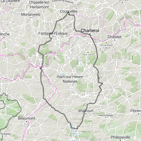 Map miniature of "Scenic Road Cycling Route near Courcelles" cycling inspiration in Prov. Hainaut, Belgium. Generated by Tarmacs.app cycling route planner