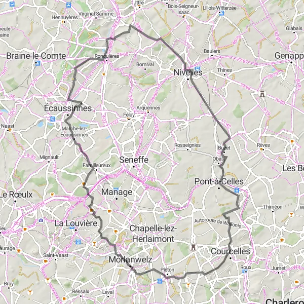 Map miniature of "Road Cycling Adventure: Courcelles and Beyond" cycling inspiration in Prov. Hainaut, Belgium. Generated by Tarmacs.app cycling route planner