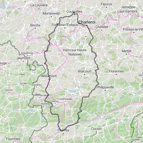 Map miniature of "Epic Road Cycling Route in Hainaut" cycling inspiration in Prov. Hainaut, Belgium. Generated by Tarmacs.app cycling route planner