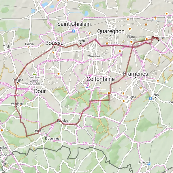 Map miniature of "Gravel Adventures near Cuesmes" cycling inspiration in Prov. Hainaut, Belgium. Generated by Tarmacs.app cycling route planner