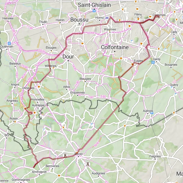 Karten-Miniaturansicht der Radinspiration "Gravel-Abenteuer rund um Cuesmes" in Prov. Hainaut, Belgium. Erstellt vom Tarmacs.app-Routenplaner für Radtouren