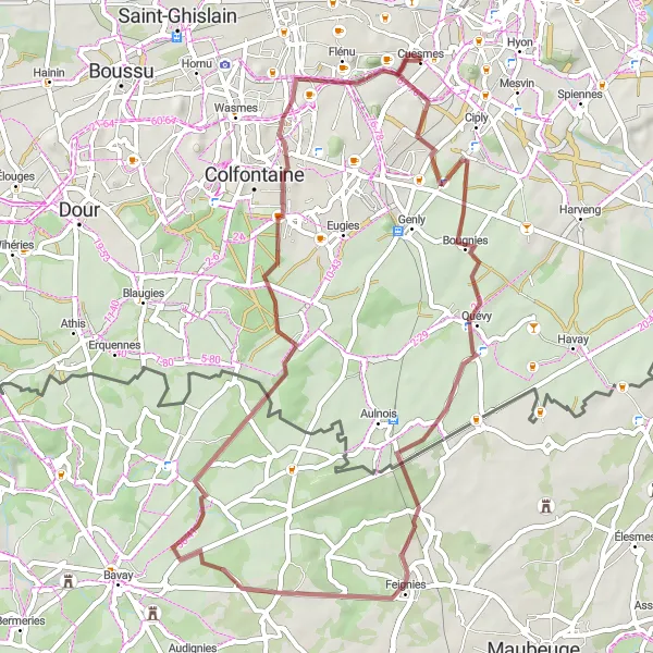 Miniature de la carte de l'inspiration cycliste "Itinéraire Gravel autour de Ciply" dans la Prov. Hainaut, Belgium. Générée par le planificateur d'itinéraire cycliste Tarmacs.app