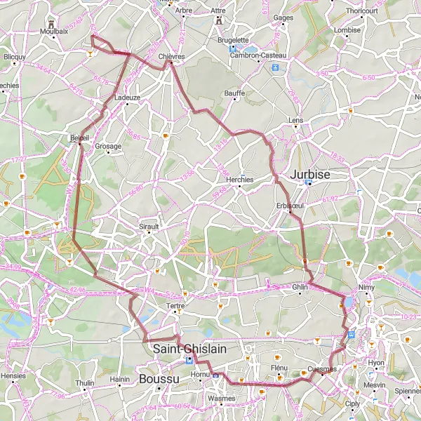 Miniatuurkaart van de fietsinspiratie "64 km Gravelroute langs Terrils en Historische Bezienswaardigheden" in Prov. Hainaut, Belgium. Gemaakt door de Tarmacs.app fietsrouteplanner