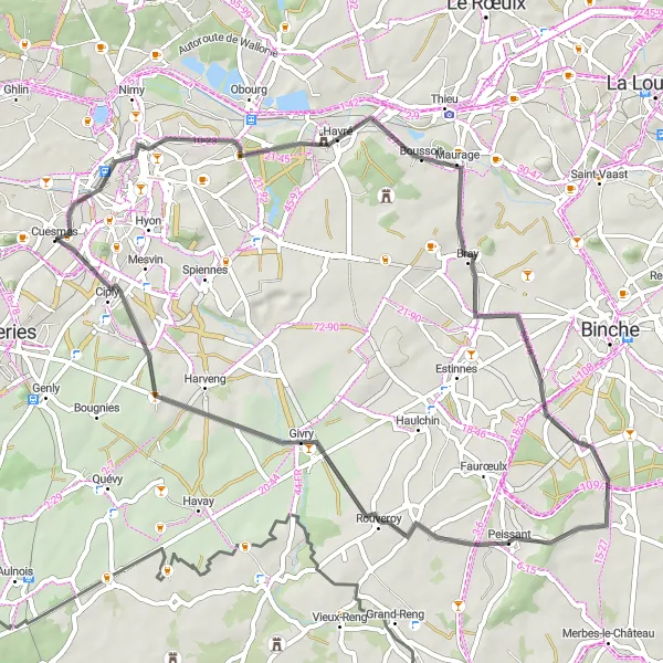 Map miniature of "Beffroi Adventure" cycling inspiration in Prov. Hainaut, Belgium. Generated by Tarmacs.app cycling route planner
