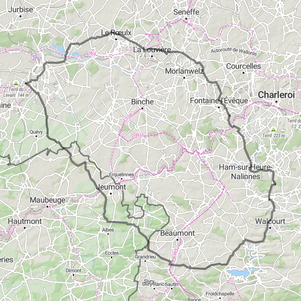 Miniature de la carte de l'inspiration cycliste "Parcours des Charbonnages" dans la Prov. Hainaut, Belgium. Générée par le planificateur d'itinéraire cycliste Tarmacs.app