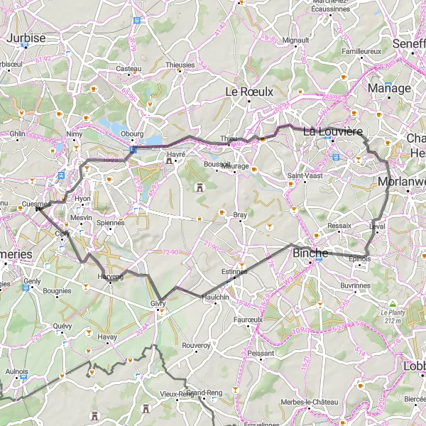 Miniatuurkaart van de fietsinspiratie "62 km Wielrenroute via Beffroi en Terrils" in Prov. Hainaut, Belgium. Gemaakt door de Tarmacs.app fietsrouteplanner