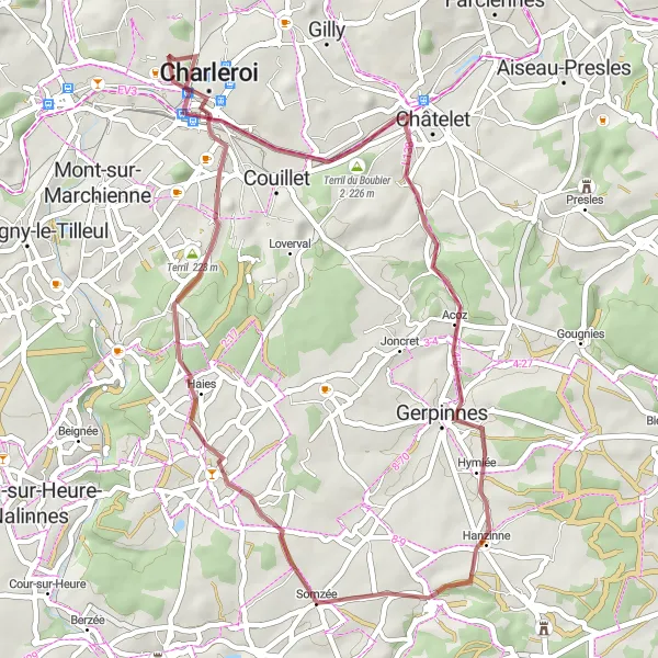 Miniature de la carte de l'inspiration cycliste "Aventure Gravel à Charleroi et ses Environs" dans la Prov. Hainaut, Belgium. Générée par le planificateur d'itinéraire cycliste Tarmacs.app