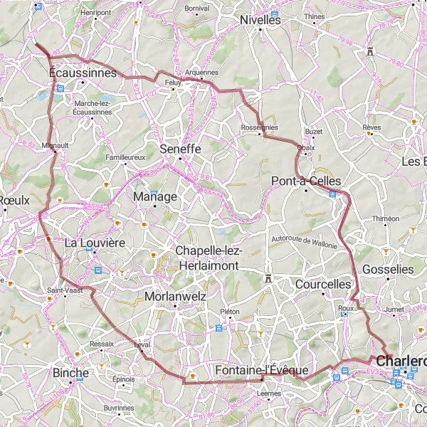 Miniatuurkaart van de fietsinspiratie "Gravelroute rond Dampremy" in Prov. Hainaut, Belgium. Gemaakt door de Tarmacs.app fietsrouteplanner