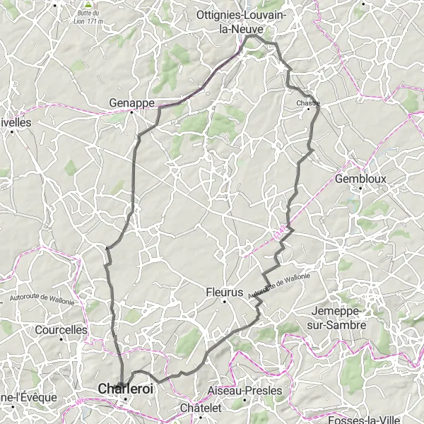 Karten-Miniaturansicht der Radinspiration "Straßentour durch Thiméon, Baisy-Thy, Cortil-Noirmont und mehr" in Prov. Hainaut, Belgium. Erstellt vom Tarmacs.app-Routenplaner für Radtouren