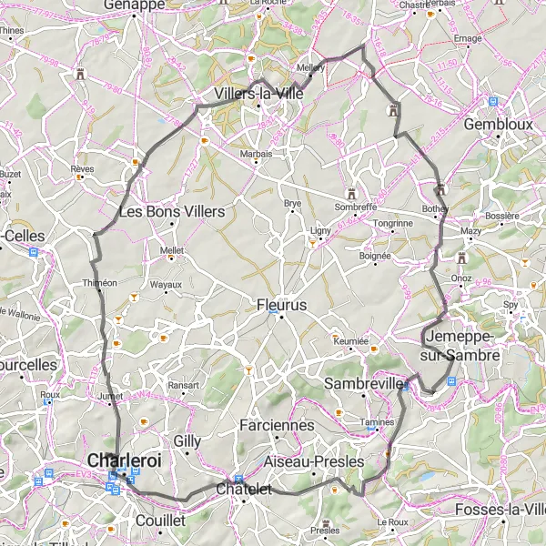 Karten-Miniaturansicht der Radinspiration "Rundfahrt durch Thiméon, Mellery, Villeret und mehr" in Prov. Hainaut, Belgium. Erstellt vom Tarmacs.app-Routenplaner für Radtouren