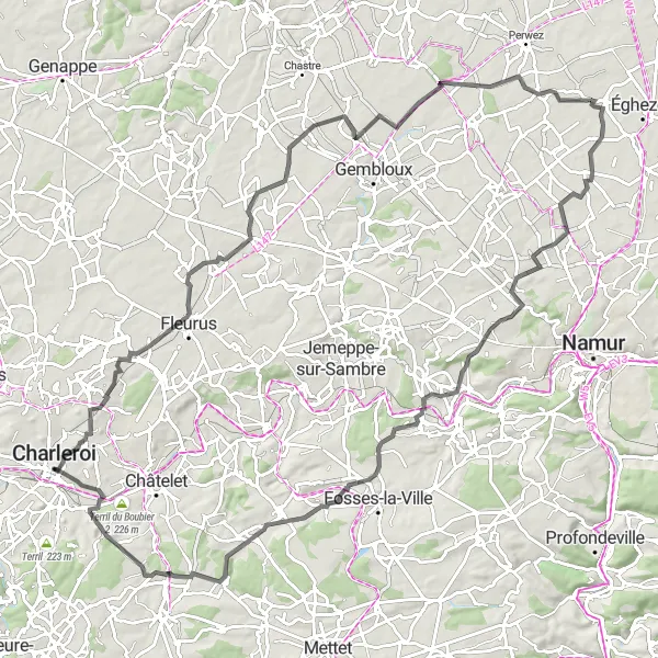 Miniature de la carte de l'inspiration cycliste "Tour de Châteaux dans la Campagne Hainuyère" dans la Prov. Hainaut, Belgium. Générée par le planificateur d'itinéraire cycliste Tarmacs.app