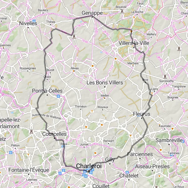 Karten-Miniaturansicht der Radinspiration "Roadtour durch Roux und Gilly" in Prov. Hainaut, Belgium. Erstellt vom Tarmacs.app-Routenplaner für Radtouren