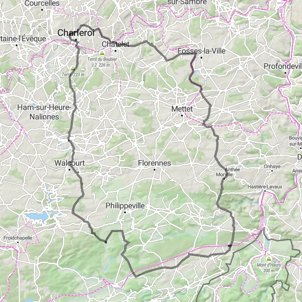 Map miniature of "The Charleroi Adventure" cycling inspiration in Prov. Hainaut, Belgium. Generated by Tarmacs.app cycling route planner