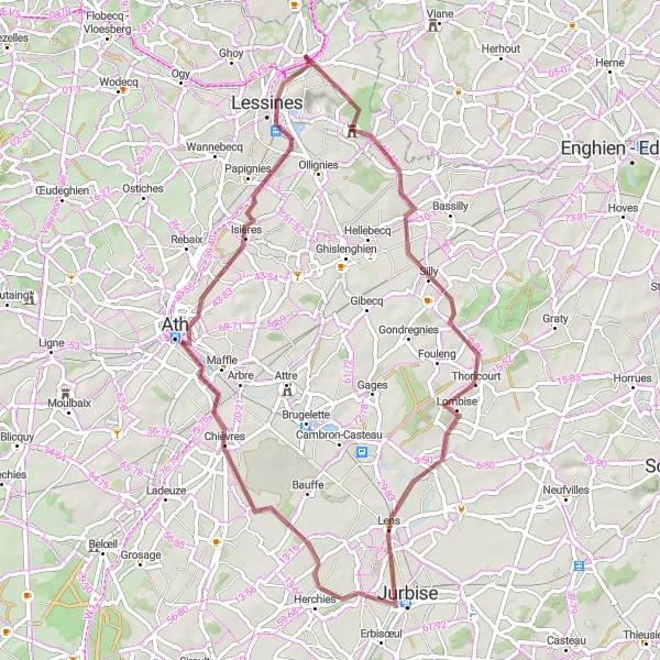 Karten-Miniaturansicht der Radinspiration "Gravel-Rundfahrt von Deux-Acren nach Lessines und zurück" in Prov. Hainaut, Belgium. Erstellt vom Tarmacs.app-Routenplaner für Radtouren