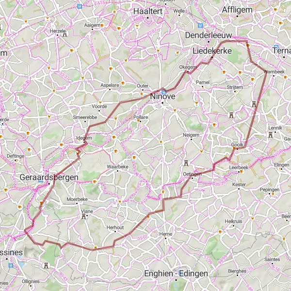 Map miniature of "Geraardsbergen and Gooik Gravel Loop" cycling inspiration in Prov. Hainaut, Belgium. Generated by Tarmacs.app cycling route planner