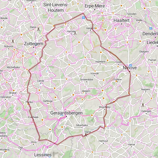 Karten-Miniaturansicht der Radinspiration "Gravelroute von Deux-Acren nach Ninove" in Prov. Hainaut, Belgium. Erstellt vom Tarmacs.app-Routenplaner für Radtouren
