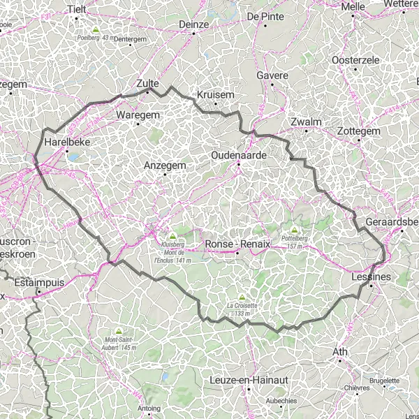 Map miniature of "Challenging Loop through Flanders" cycling inspiration in Prov. Hainaut, Belgium. Generated by Tarmacs.app cycling route planner