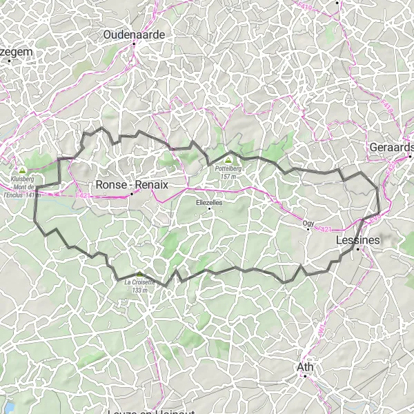 Miniatuurkaart van de fietsinspiratie "Uitdagende rit door de Vlaamse Ardennen" in Prov. Hainaut, Belgium. Gemaakt door de Tarmacs.app fietsrouteplanner