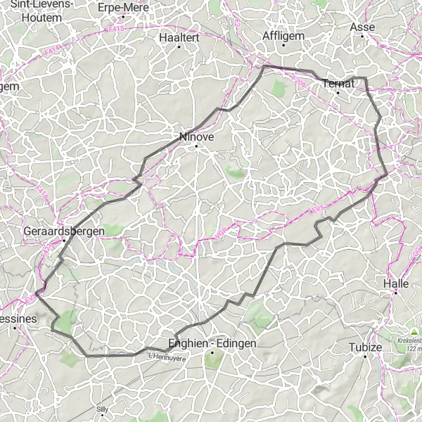 Karten-Miniaturansicht der Radinspiration "Straßenroute von Deux-Acren nach Pepingen" in Prov. Hainaut, Belgium. Erstellt vom Tarmacs.app-Routenplaner für Radtouren