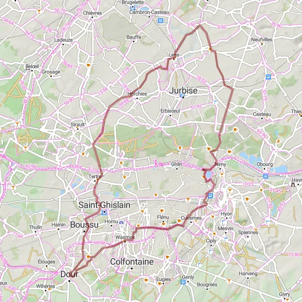 Miniatuurkaart van de fietsinspiratie "Gravelroute rond Dour: langs mijnterrils en historische bezienswaardigheden" in Prov. Hainaut, Belgium. Gemaakt door de Tarmacs.app fietsrouteplanner
