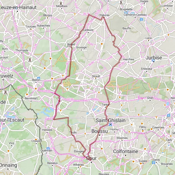 Miniatuurkaart van de fietsinspiratie "Gravelroute rond Dour: door landelijke dorpen en groene landschappen" in Prov. Hainaut, Belgium. Gemaakt door de Tarmacs.app fietsrouteplanner