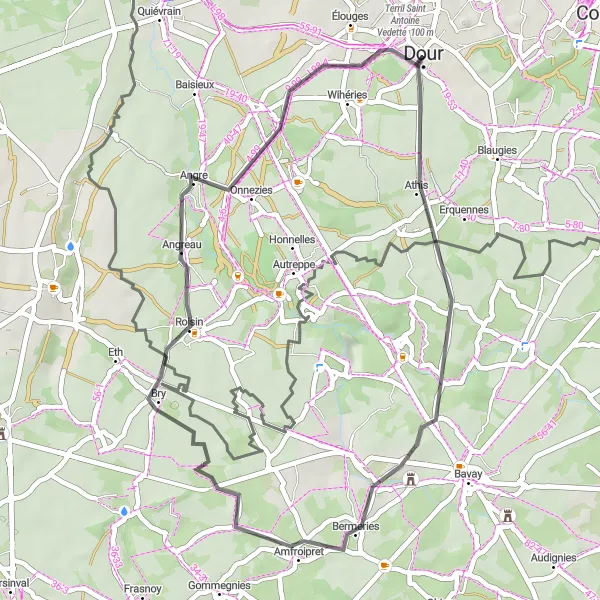 Map miniature of "Scenic Route to Dour" cycling inspiration in Prov. Hainaut, Belgium. Generated by Tarmacs.app cycling route planner