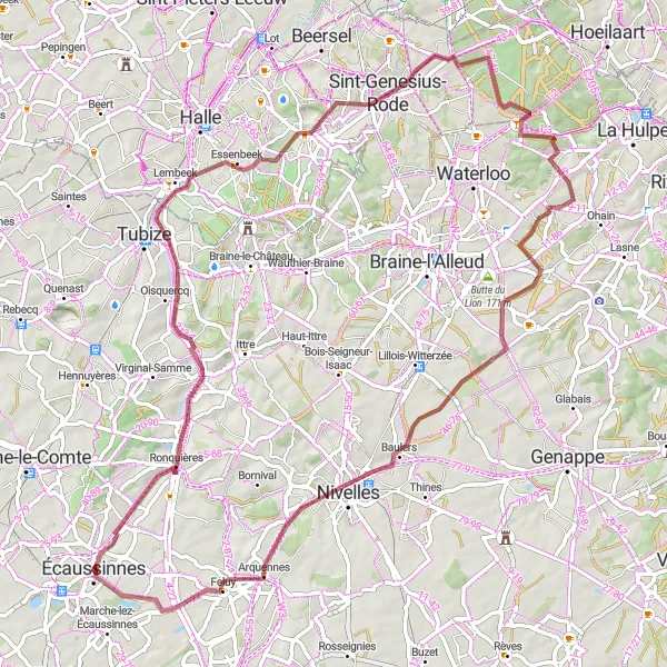 Karten-Miniaturansicht der Radinspiration "Gravelrunde von Écaussinnes-d'Enghien" in Prov. Hainaut, Belgium. Erstellt vom Tarmacs.app-Routenplaner für Radtouren