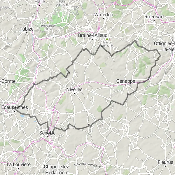 Karten-Miniaturansicht der Radinspiration "Road-Tour durch geschichtsträchtige Orte" in Prov. Hainaut, Belgium. Erstellt vom Tarmacs.app-Routenplaner für Radtouren