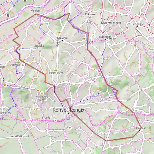 Miniatuurkaart van de fietsinspiratie "Hotondmolen - Paterberg - Melden - Koppenberg - Taaienberg - Ellezelles" in Prov. Hainaut, Belgium. Gemaakt door de Tarmacs.app fietsrouteplanner