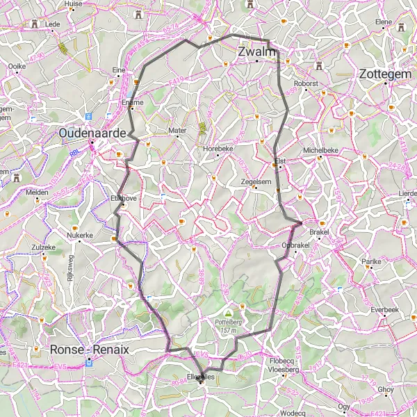 Miniatuurkaart van de fietsinspiratie "Ellezelles - Taaienberg - Edelareberg - Zwalm - Elst - Leberg - Opbrakel" in Prov. Hainaut, Belgium. Gemaakt door de Tarmacs.app fietsrouteplanner