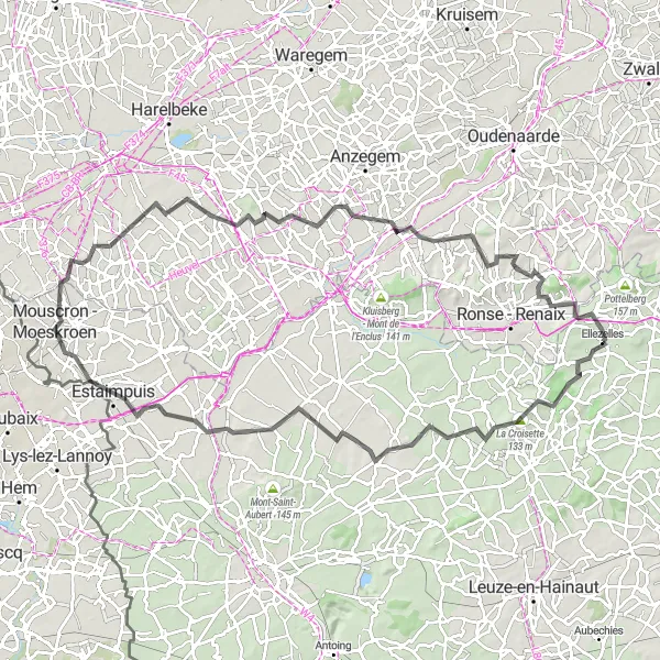 Miniatuurkaart van de fietsinspiratie "Uitdagende route langs heuvels en dorpen" in Prov. Hainaut, Belgium. Gemaakt door de Tarmacs.app fietsrouteplanner