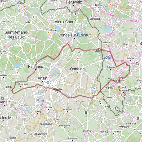 Map miniature of "Exciting Gravel Adventure" cycling inspiration in Prov. Hainaut, Belgium. Generated by Tarmacs.app cycling route planner