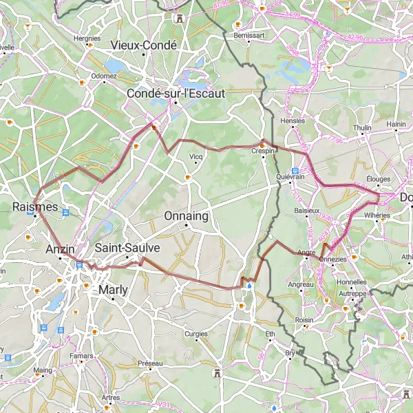 Karten-Miniaturansicht der Radinspiration "Gravelroute Élouges-Rundfahrt" in Prov. Hainaut, Belgium. Erstellt vom Tarmacs.app-Routenplaner für Radtouren