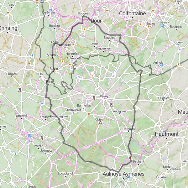 Map miniature of "Exploring Road Cycling in Élouges" cycling inspiration in Prov. Hainaut, Belgium. Generated by Tarmacs.app cycling route planner