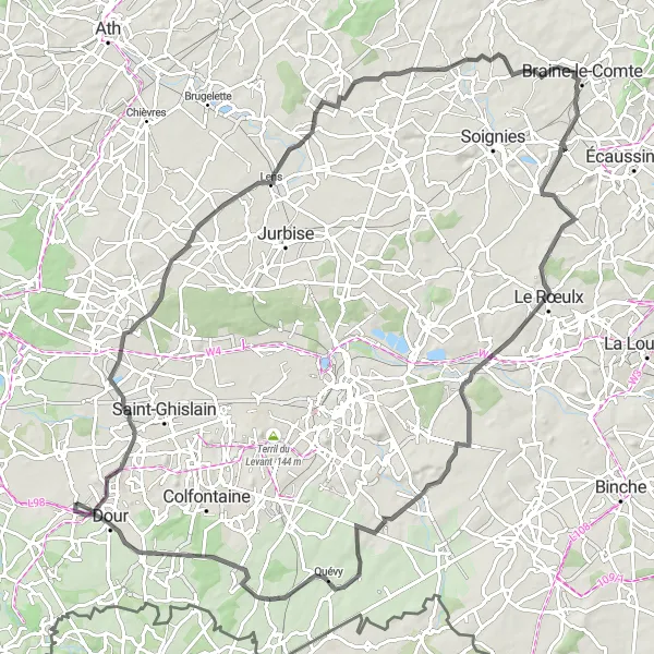 Map miniature of "Élouges to Terril Saint Antoine Vedette and La Rose des Vents" cycling inspiration in Prov. Hainaut, Belgium. Generated by Tarmacs.app cycling route planner