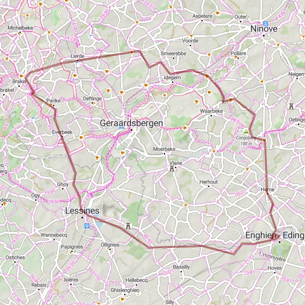Miniatuurkaart van de fietsinspiratie "Grindrit van 63 km van Enghien" in Prov. Hainaut, Belgium. Gemaakt door de Tarmacs.app fietsrouteplanner