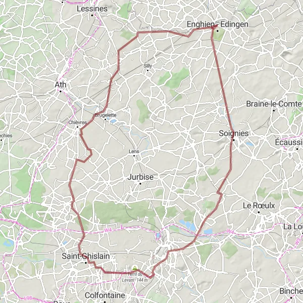 Map miniature of "Gravel Adventure: Soignies to Brugelette" cycling inspiration in Prov. Hainaut, Belgium. Generated by Tarmacs.app cycling route planner