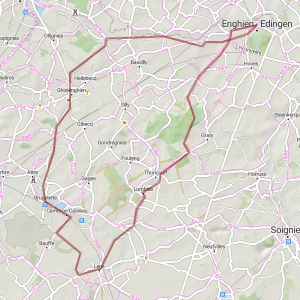 Map miniature of "Scenic Gravel Route through Thoricourt and Brugelette" cycling inspiration in Prov. Hainaut, Belgium. Generated by Tarmacs.app cycling route planner