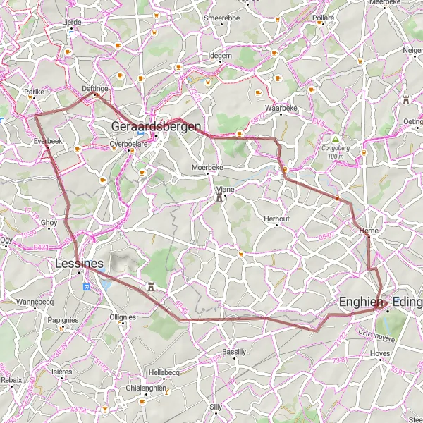 Miniatuurkaart van de fietsinspiratie "Spannende gravelroute naar Herne" in Prov. Hainaut, Belgium. Gemaakt door de Tarmacs.app fietsrouteplanner