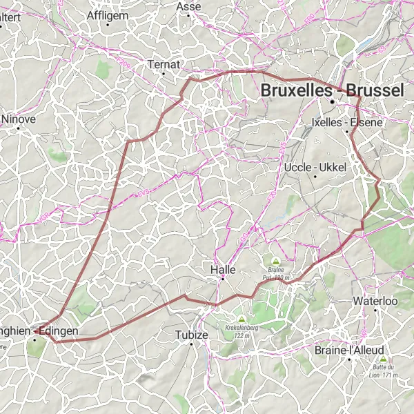 Miniatuurkaart van de fietsinspiratie "Uitdagende gravelroute naar Sint-Genesius-Rode" in Prov. Hainaut, Belgium. Gemaakt door de Tarmacs.app fietsrouteplanner