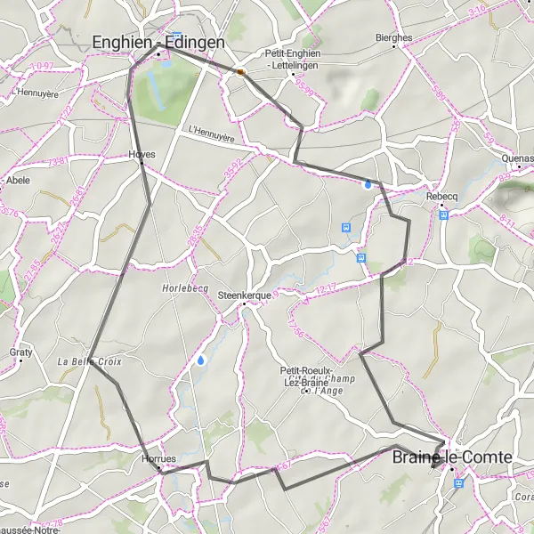 Map miniature of "Enghien to Braine-le-Comte Route" cycling inspiration in Prov. Hainaut, Belgium. Generated by Tarmacs.app cycling route planner