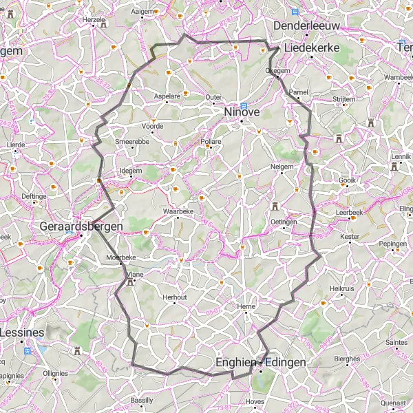 Miniatuurkaart van de fietsinspiratie "Ronde van 71 km op de weg van Enghien" in Prov. Hainaut, Belgium. Gemaakt door de Tarmacs.app fietsrouteplanner