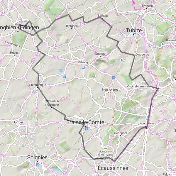 Map miniature of "Scenic Road Route through Petit-Enghien and Bonhomme de fer - Repère géodésique" cycling inspiration in Prov. Hainaut, Belgium. Generated by Tarmacs.app cycling route planner