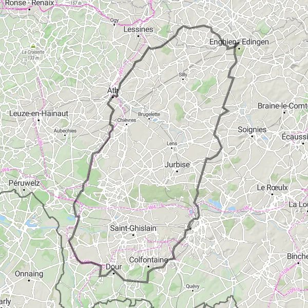 Miniatuurkaart van de fietsinspiratie "Rondrit van Enghien naar Hoves en terug" in Prov. Hainaut, Belgium. Gemaakt door de Tarmacs.app fietsrouteplanner