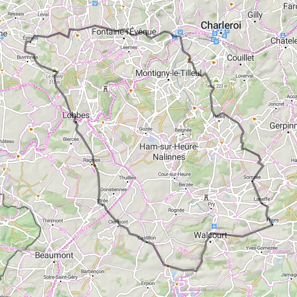 Map miniature of "Through the Hainaut countryside" cycling inspiration in Prov. Hainaut, Belgium. Generated by Tarmacs.app cycling route planner